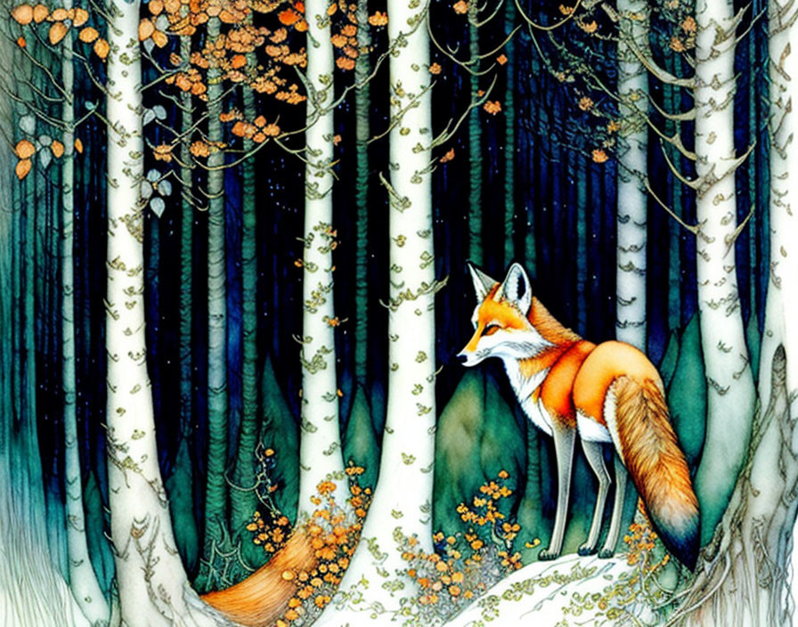 Fox in Dense Forest with Orange Leaves and Slender Trees