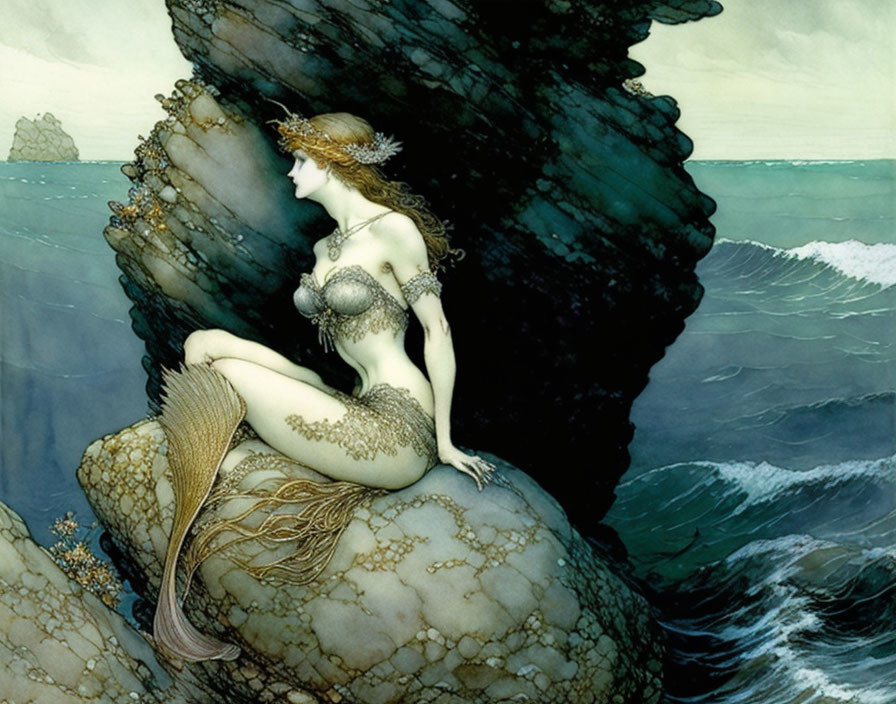 Detailed Mermaid Illustration Seated on Rock by Serene Sea