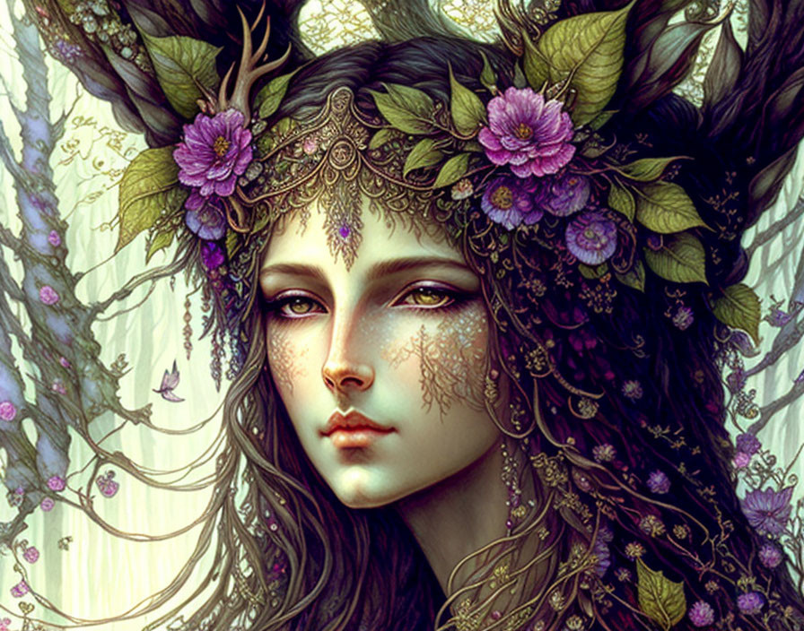 Illustrated mystical female figure with floral crown and intricate jewelry in nature setting