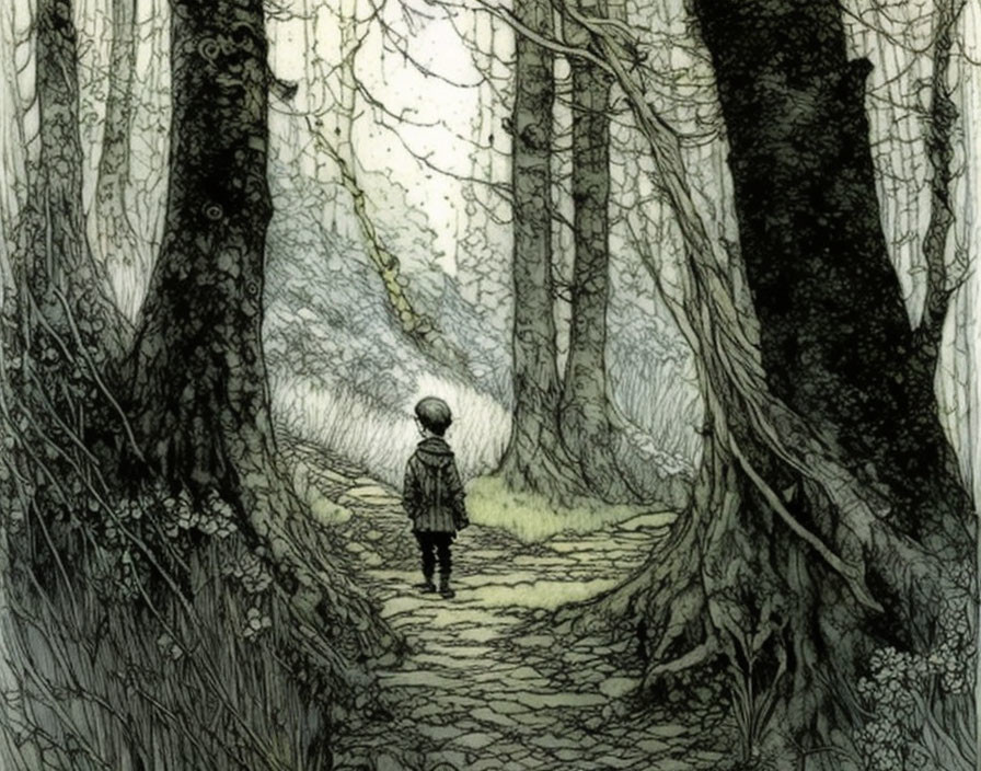 Child in Ethereal Forest with Towering Trees and Cobblestone Path