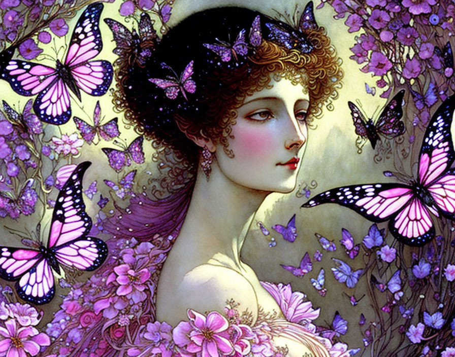 Woman in Art Nouveau Style Surrounded by Pink Flowers and Butterflies