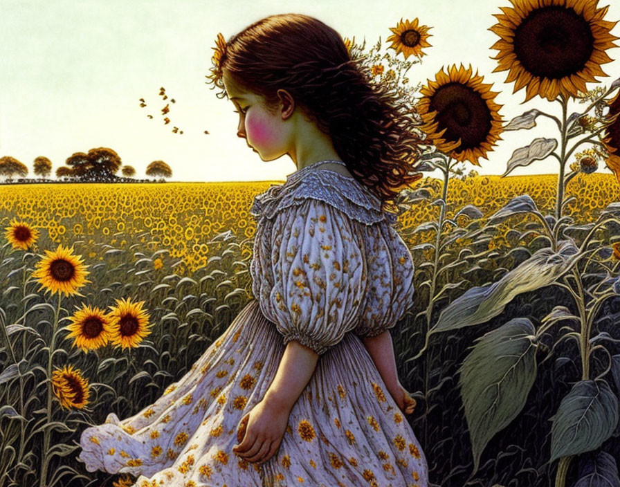 Young girl in patterned dress among sunflowers in serene landscape