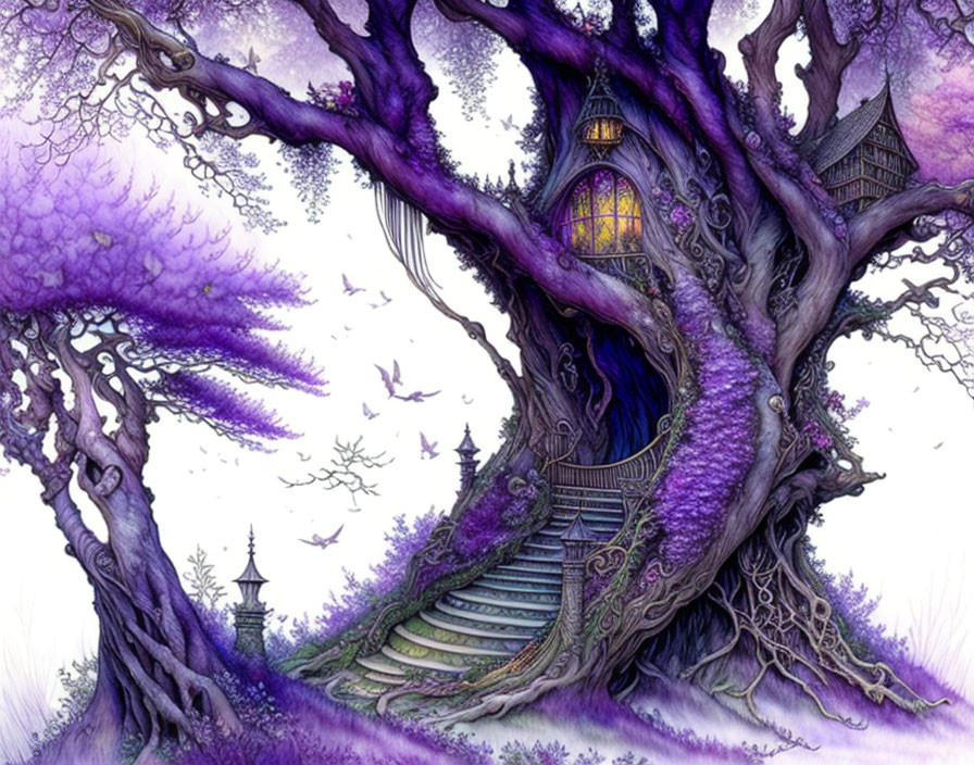 Purple Tree with Whimsical House & Winding Staircase