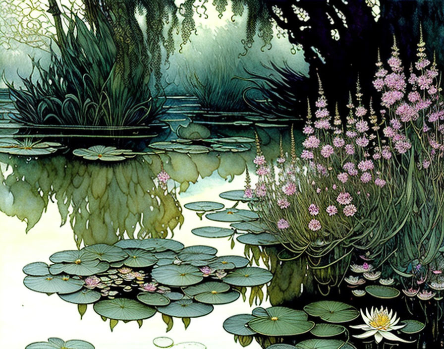 Mystical pond with lily pads and pink flowers in lush, shadowy setting