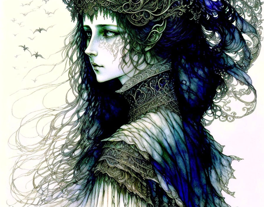 Portrait of pale woman with green eyes, black lace details, and bats.