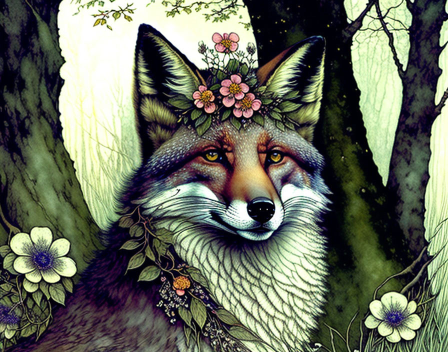 Whimsical fox with floral adornments in dark forest setting