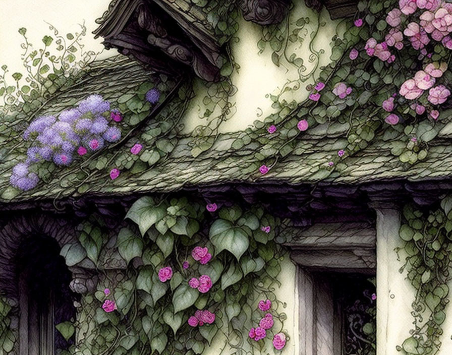 Detailed illustration: Old house engulfed in green vines and colorful flowers, featuring rich textures and a mo