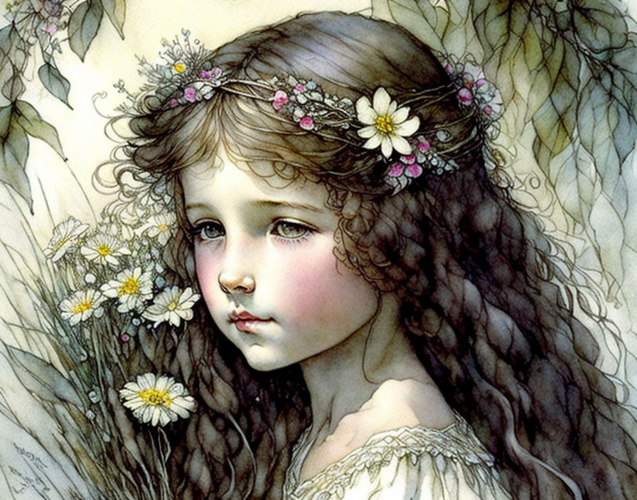 Young girl portrait with floral crown and whimsical background