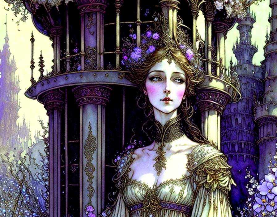 Pale-skinned woman with dark hair in ornate gown among Gothic towers.