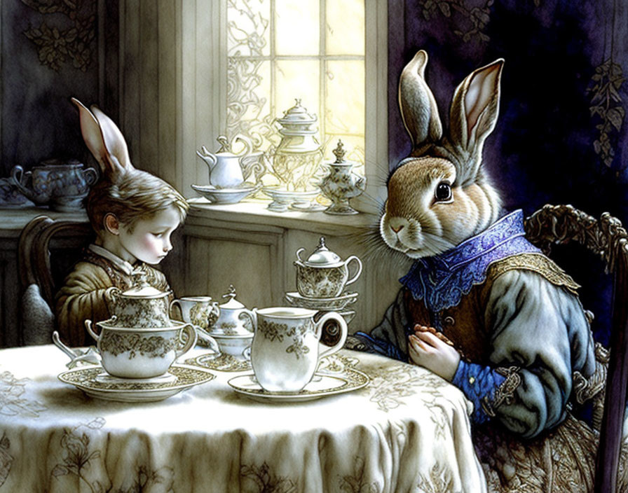 Child and large rabbit in elegant clothes having a tea party in a vintage-styled room