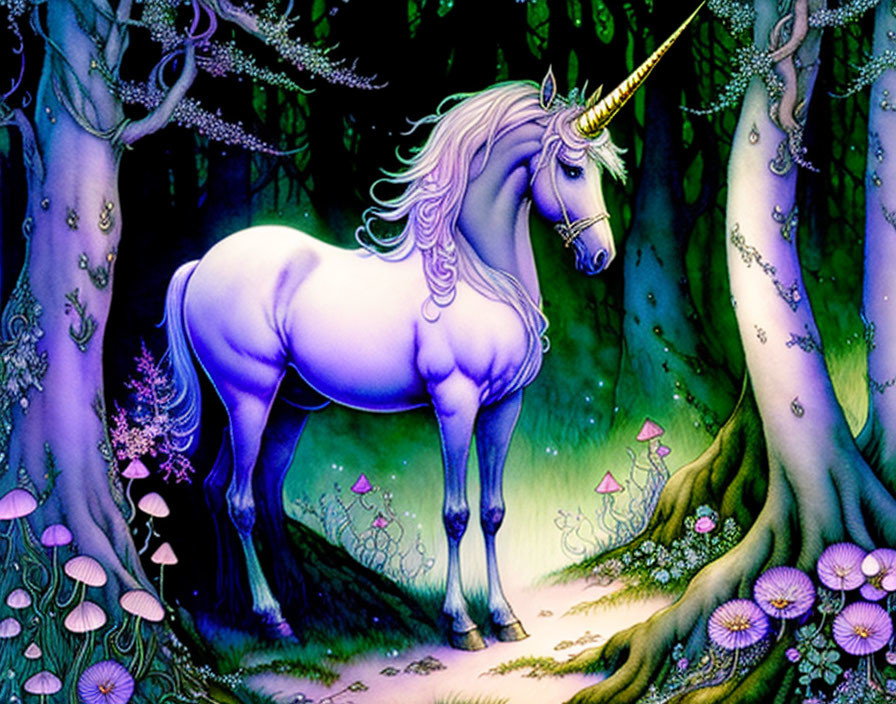 Purple unicorn in enchanted forest with glowing mushrooms & twisted trees