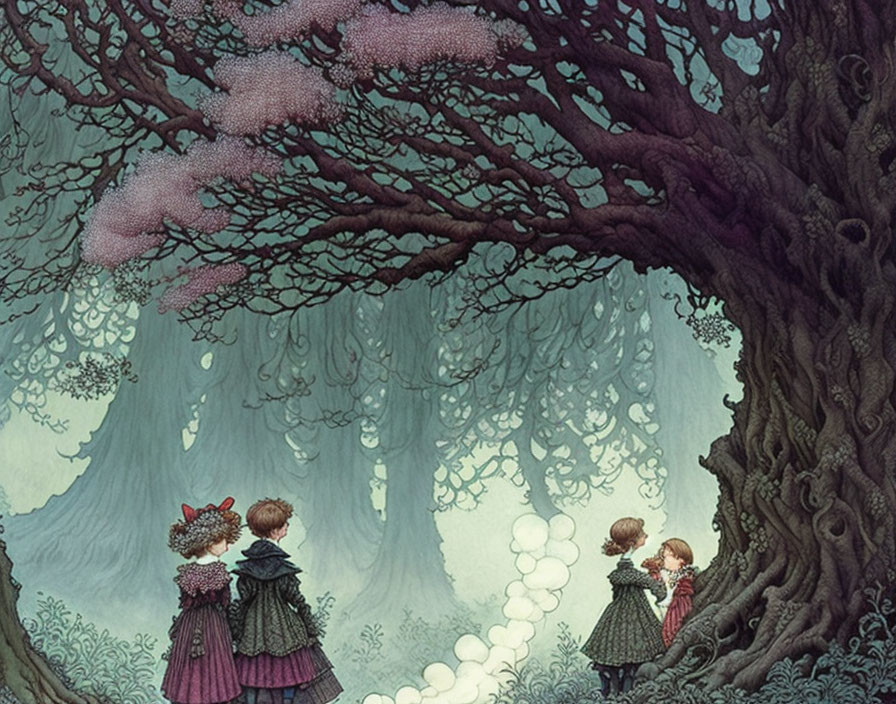 Victorian children follow glowing orbs into mystical forest