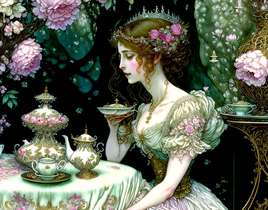 Detailed pastel period dress woman sipping tea with crown amidst ornate teaware and pink flora