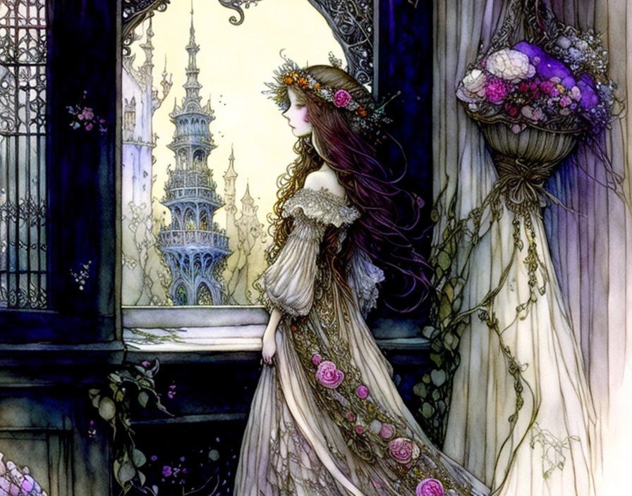 Woman in rose dress on balcony with fairy-tale tower background