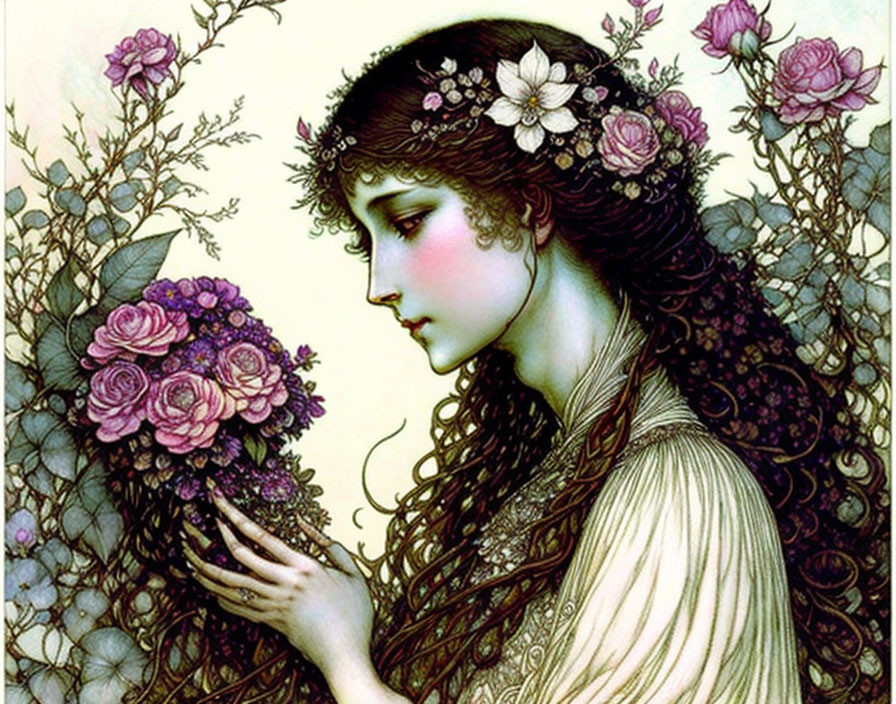 Illustration of woman with long, wavy hair holding purple roses bouquet surrounded by floral motifs