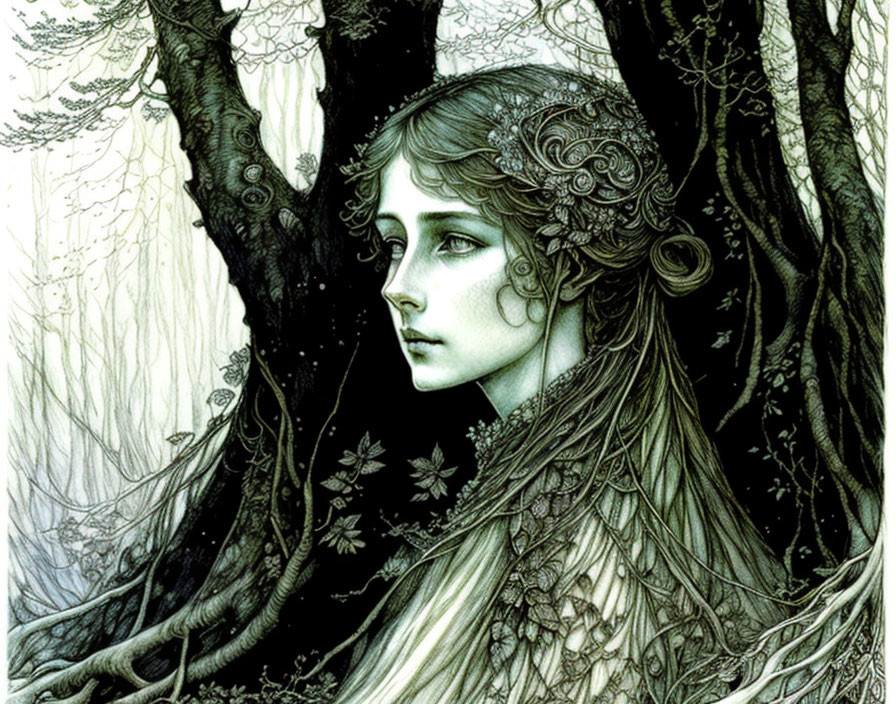 Detailed illustration of woman with leafy patterns in forest setting