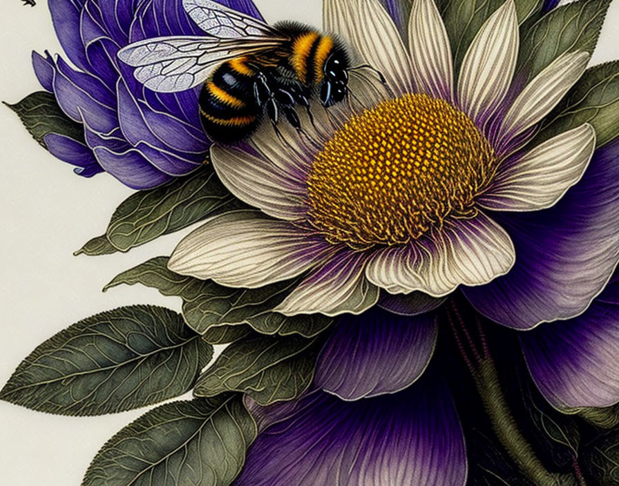 Detailed Illustration: Bee Pollinating Large Purple Flower