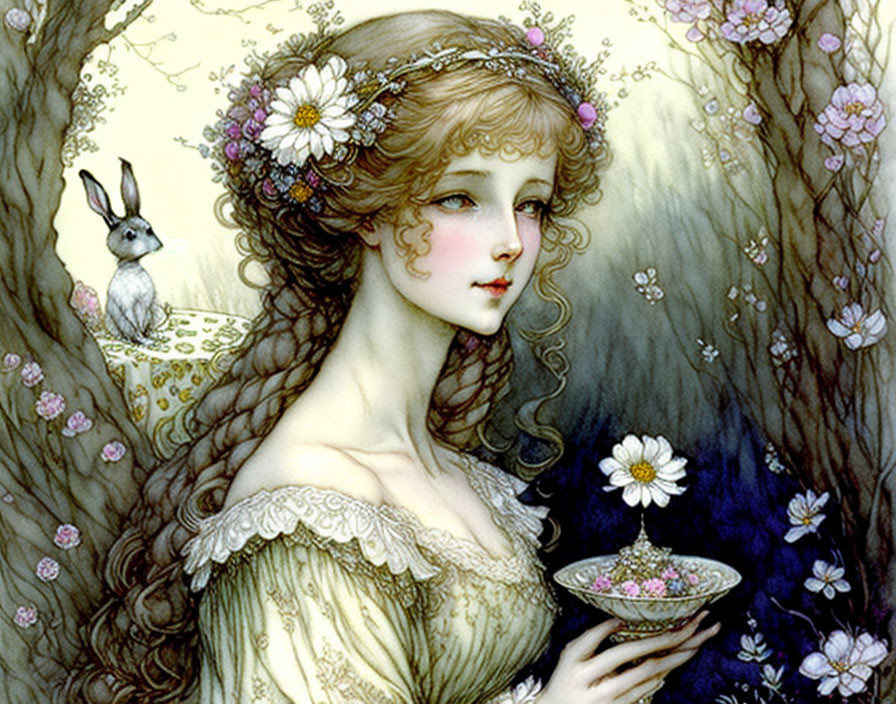 Golden-haired maiden with floral crown and rabbit in blossoming garden