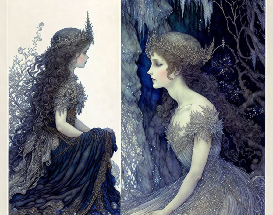 Detailed illustration: Woman in ornate gown & headdress, fantasy style, mystical forest backdrop