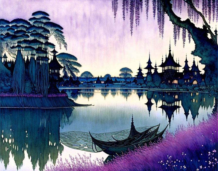 Serene lakeside scene with traditional architecture, boat, lush flora at twilight