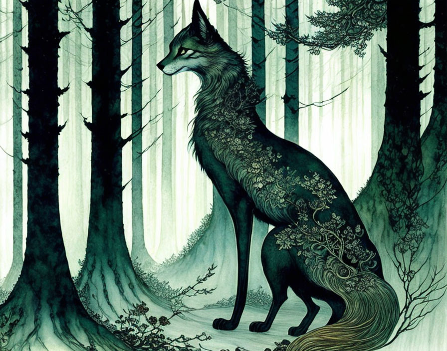 Stylized fox illustration with ornate fur patterns in forest setting