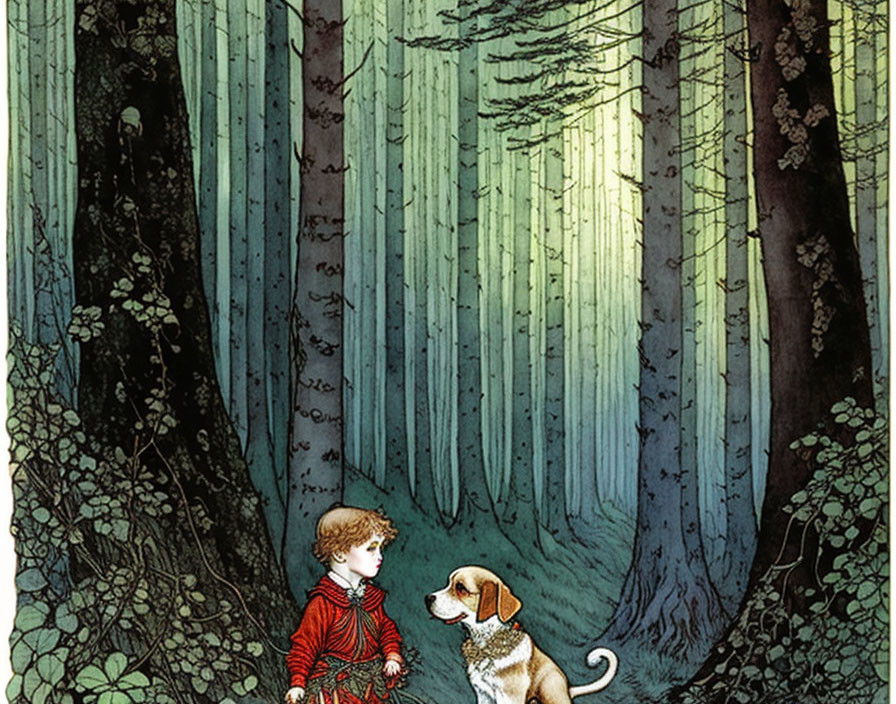 Child in red coat with dog in dense, mystical forest with tall trees and intricate foliage.