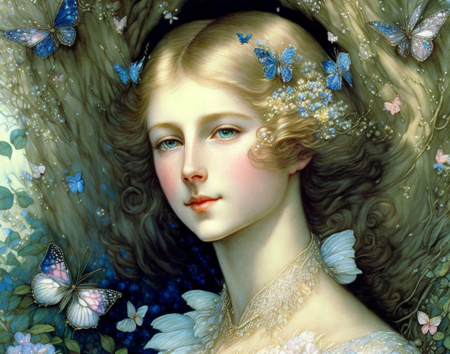 Detailed portrait of woman with wavy hair and blue butterflies in cool tones