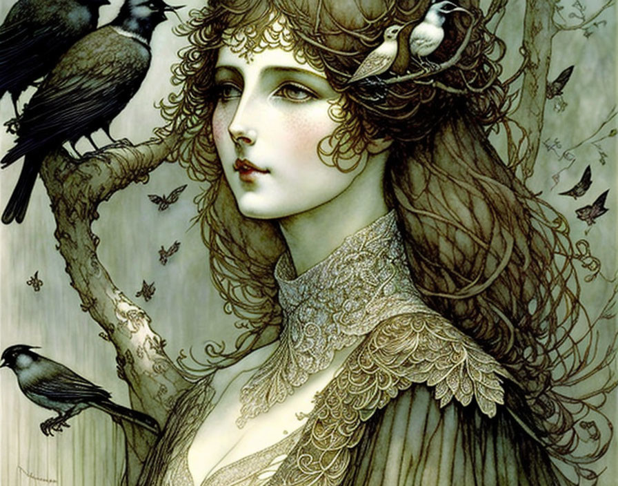 Illustrated woman with flowing hair and birds in intricate lace collar, surrounded by trees and butterflies in green