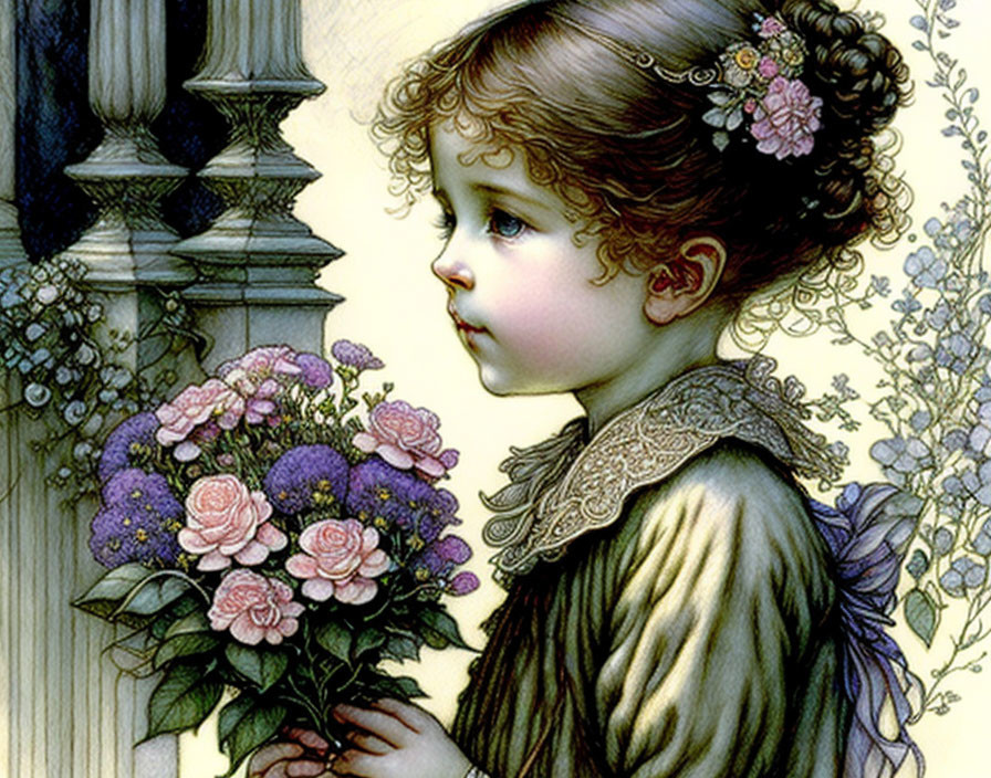 Young child with delicate features holding pink flowers, vintage nostalgic feel