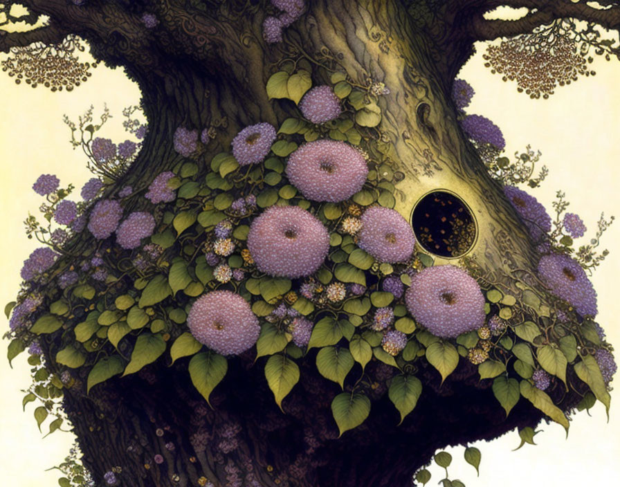 Detailed illustration of magical tree with purple flowers and mysterious door.