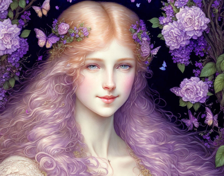 Portrait of woman with long wavy purple hair, flower crown, surrounded by butterflies & flowers