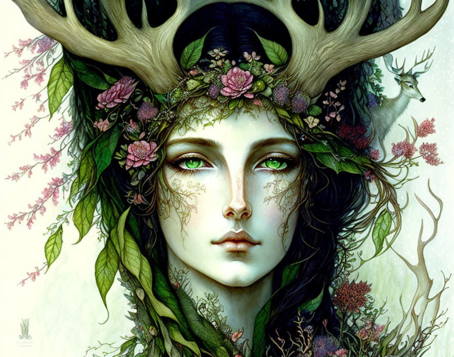 Woman's face merges with nature in surreal portrait with antlers and blooming flowers