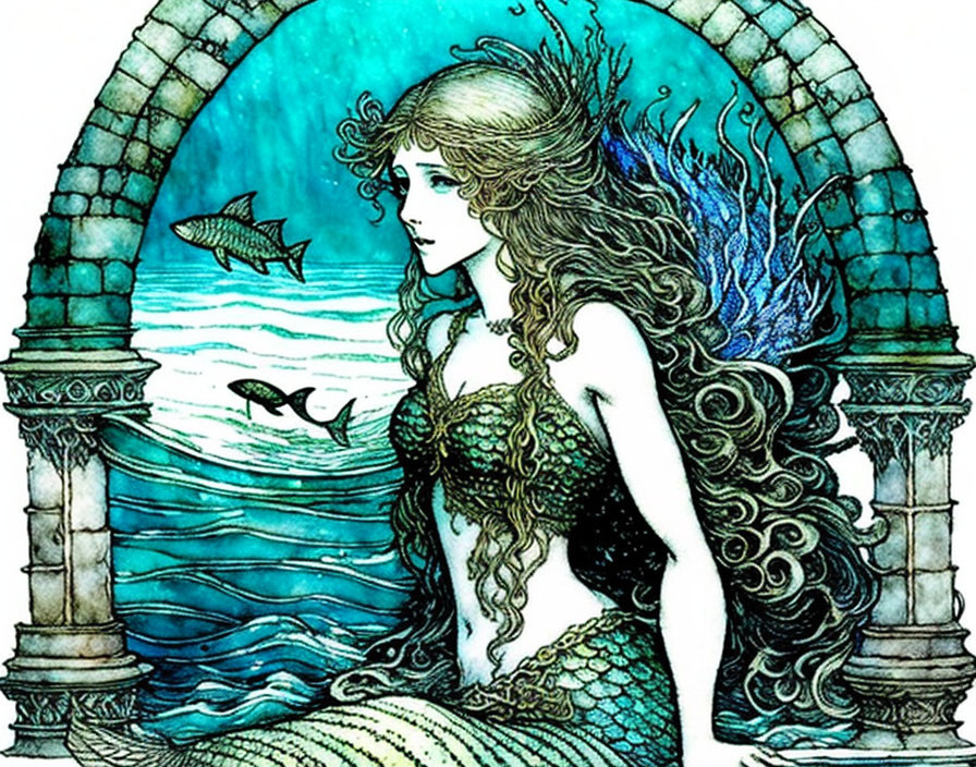 Mermaid with flowing hair under stone arch in sea with fish - blue and green palette