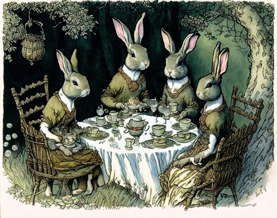 Anthropomorphic rabbits in formal attire tea party illustration