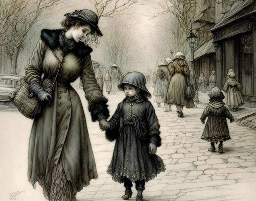 Vintage Illustration: Woman and Child Walking on Busy Street