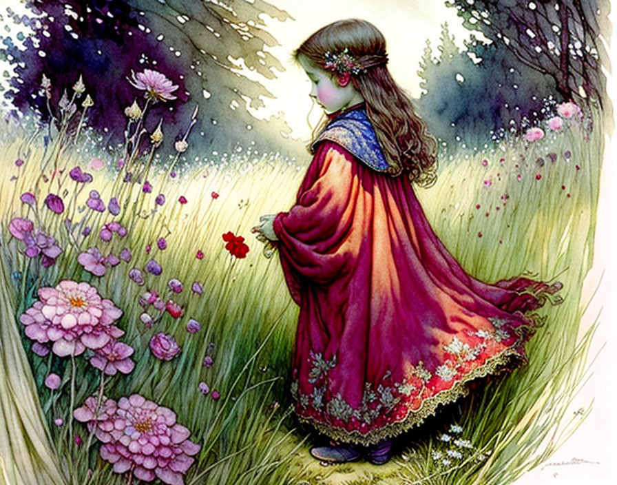 Young girl in red cloak and blue headband in lush meadow with trees