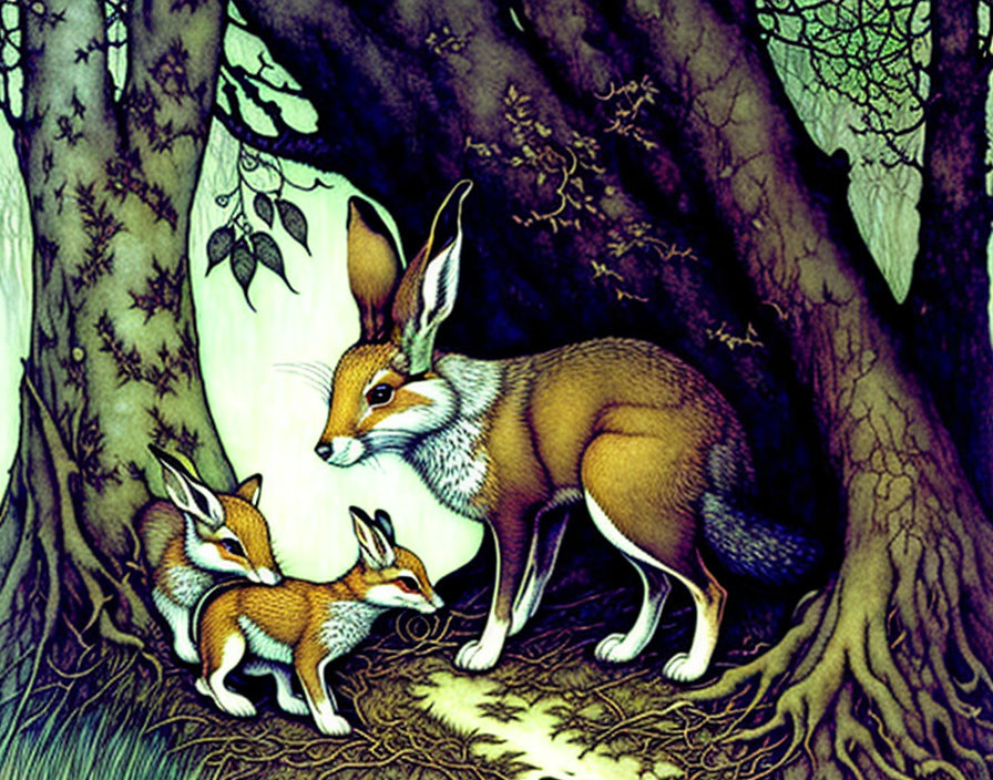 Vibrant forest scene: stylized fox and cub illustration