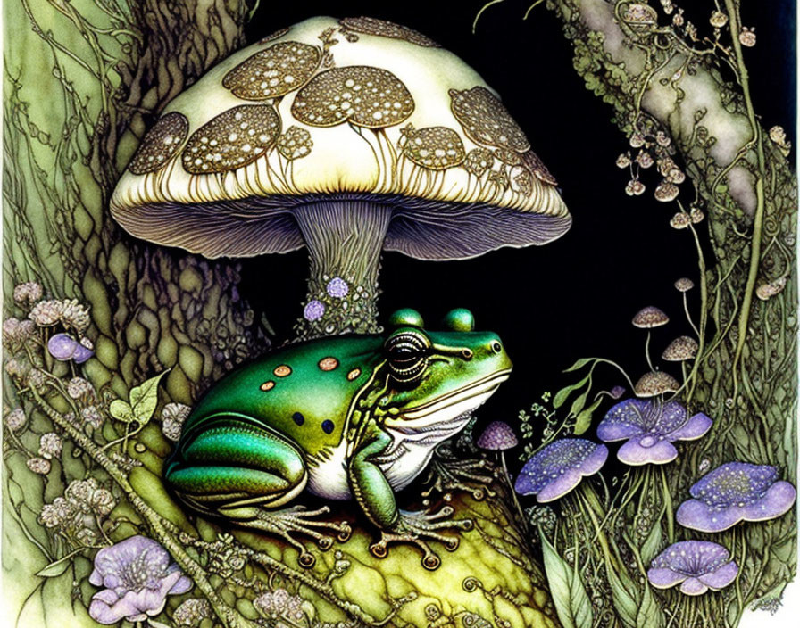 Detailed Illustration of Green Frog Under Large Mushroom