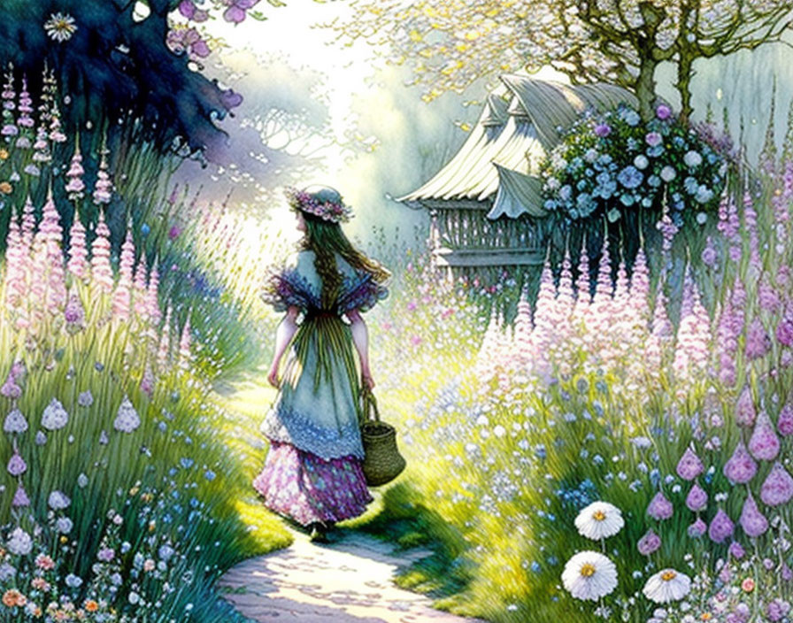 Woman in vintage dress strolling flower-lined path to cottage in serene garden