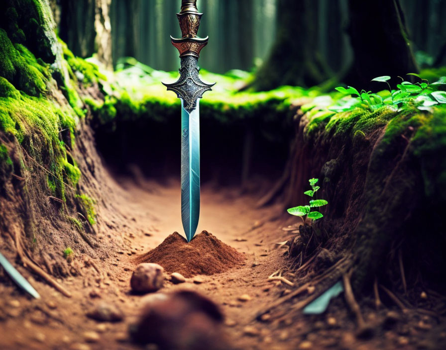 Ornate sword in mystical forest with green moss