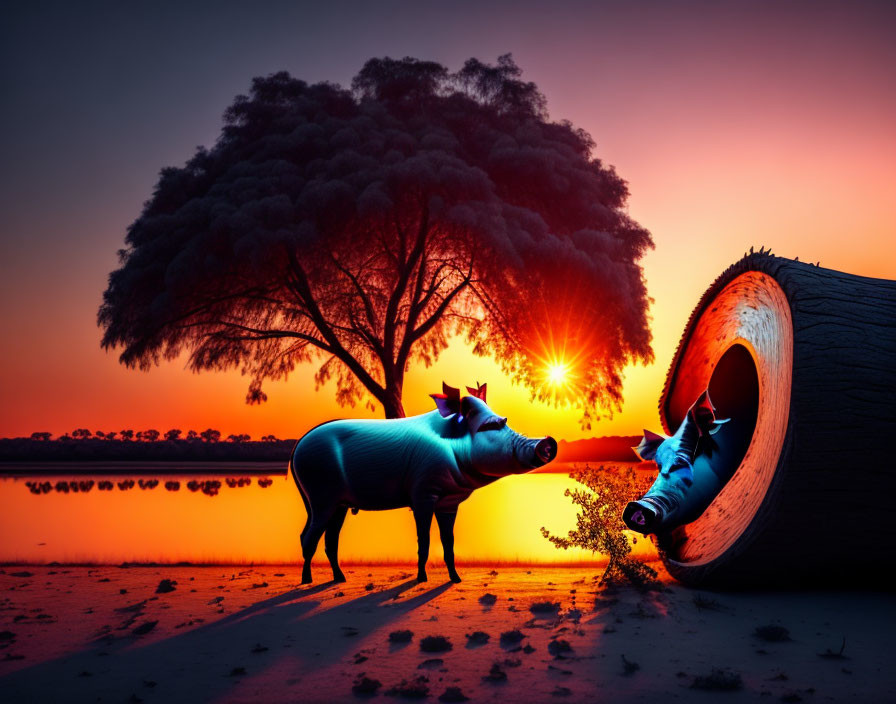 Shiny blue pigs by tire under tree at sunset with water reflections