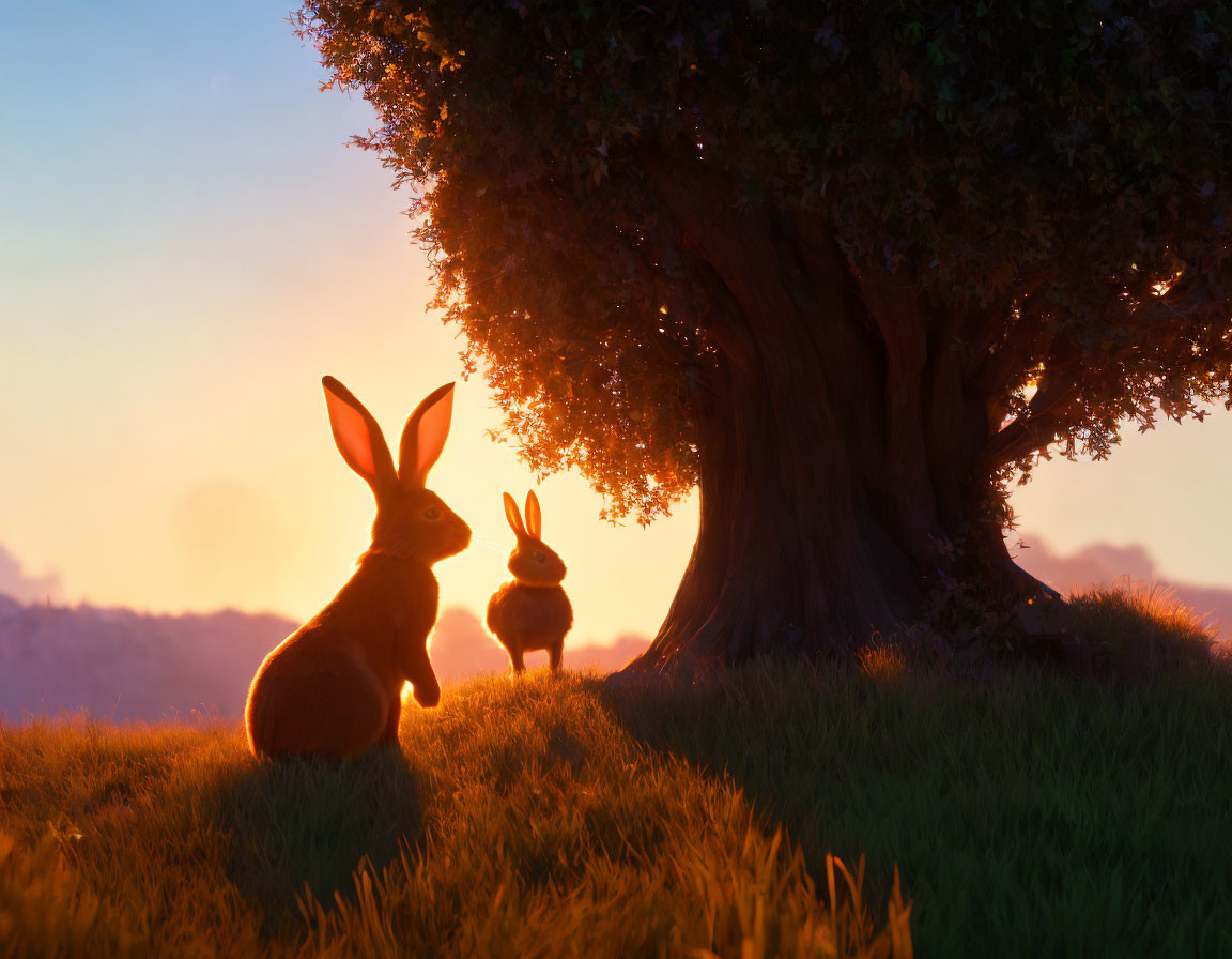 Rabbits near tree in sunrise light with glowing grass