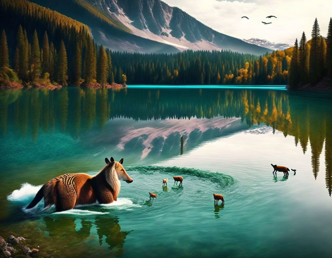 Wildlife scene: Anteater and deer in mountain lake with pine trees and birds.