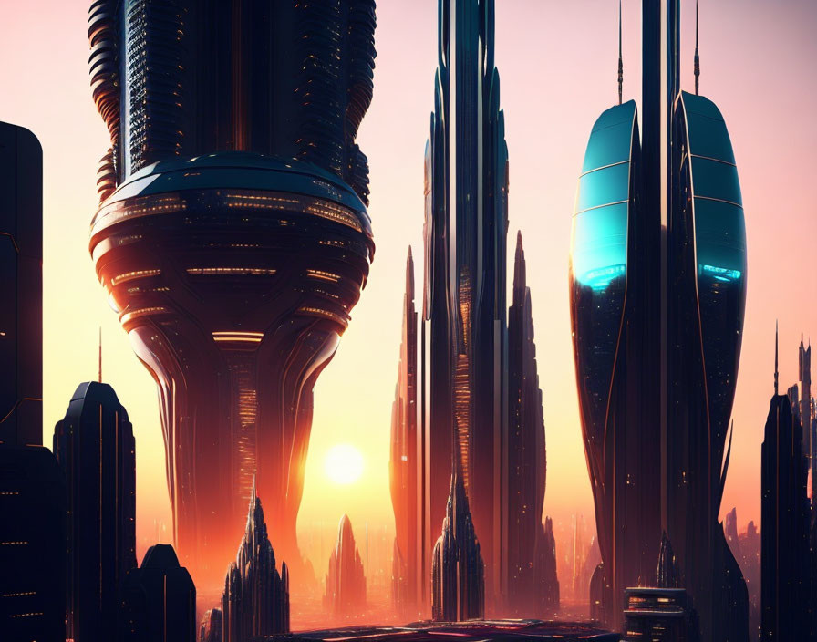 Sleek skyscrapers in futuristic cityscape at sunset