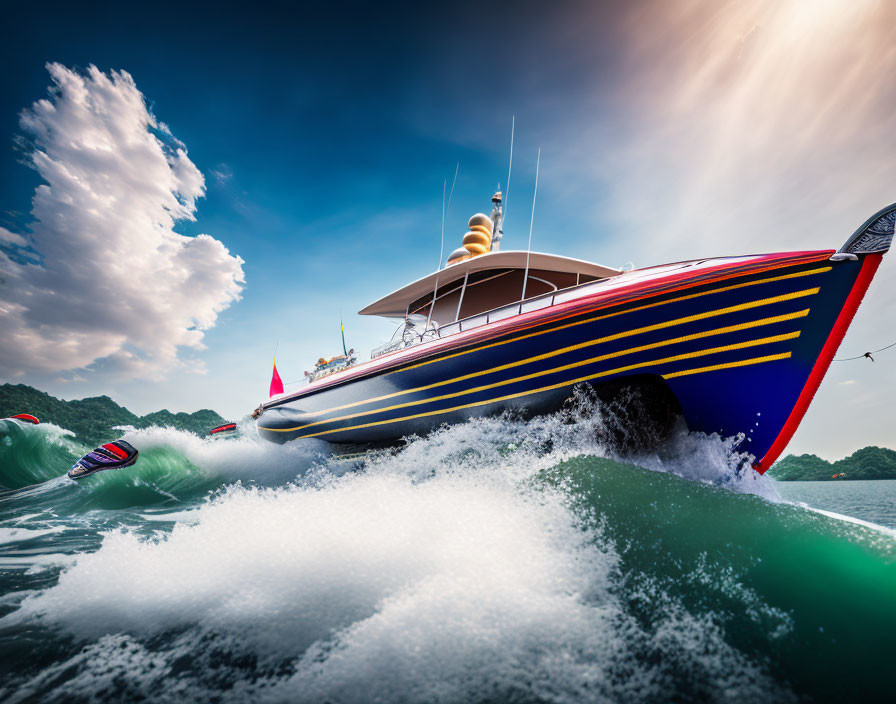 Luxurious speedboat with blue and red stripes slicing through waves