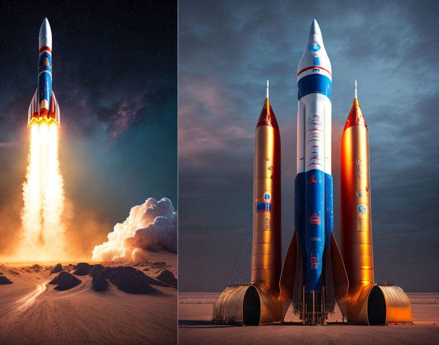 Rocket launch split-image: fiery exhaust and poised rocket against desert backdrop