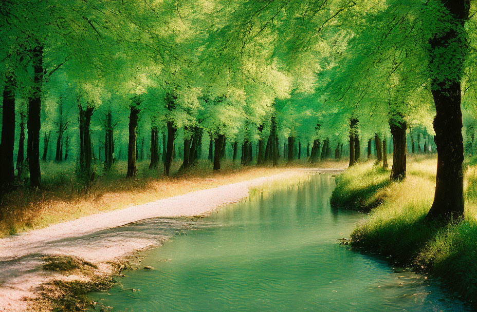 Tranquil river scene with tree-lined banks and dappled shadows