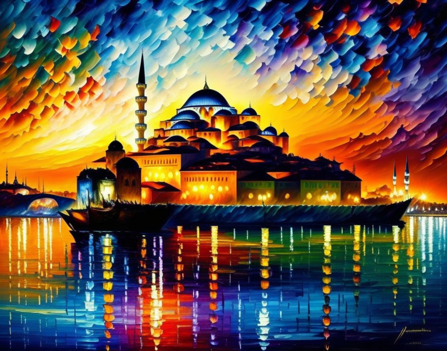 Vivid painting of mosque with domes near water and boat under dramatic sky