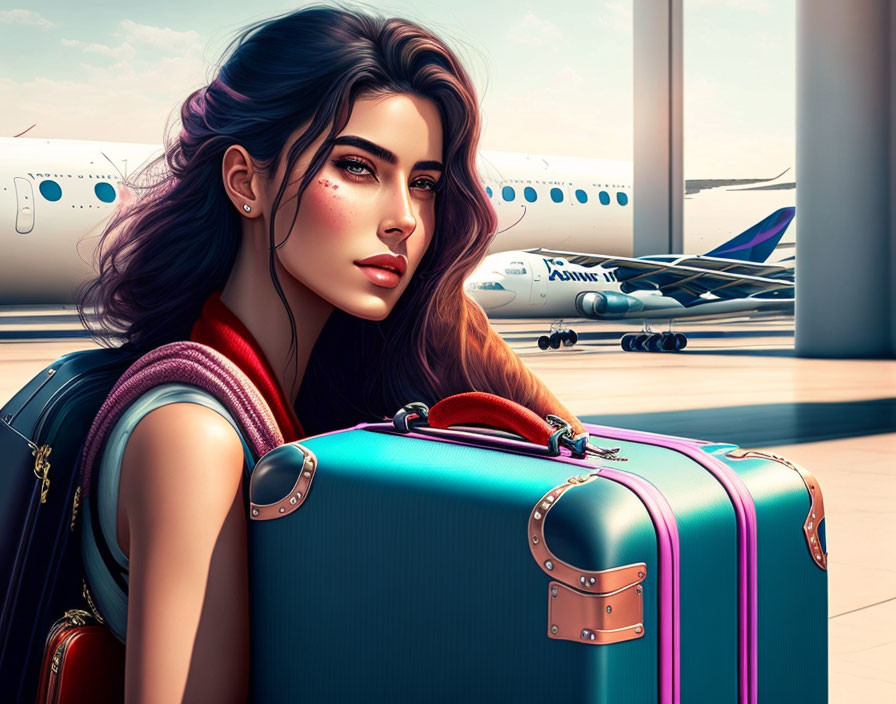 Illustrated woman with wavy hair at airport with suitcase and planes.