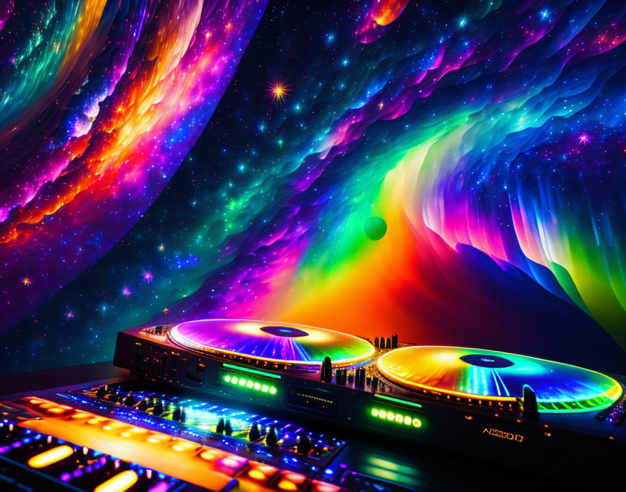 Colorful DJ Set-Up with Illuminated Turntables on Psychedelic Space Backdrop